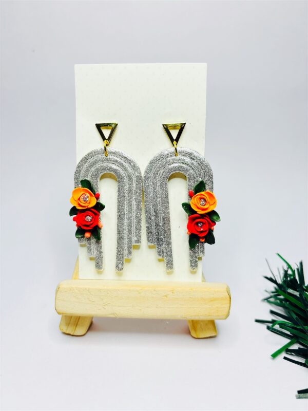 Silver Glitter Arch Earrings with Floral Accents